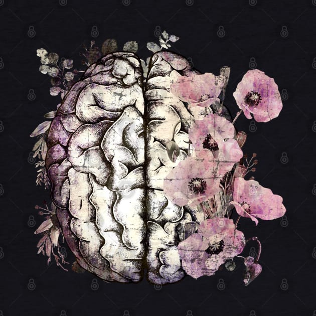 Brain with Pink poppy, psychology, mental health, front brain, vintage watercolor by Collagedream